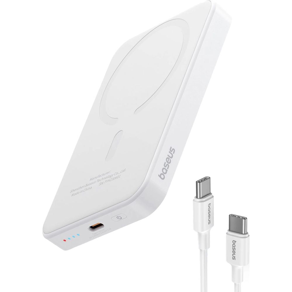 Baseus Magnetic Wireless Charging - magnetyczny powerbank kompatybilny z MagSafe 6000mAh 20W USB-C, + kabel USB Typ C 20W, ok 36 cm. Biały.